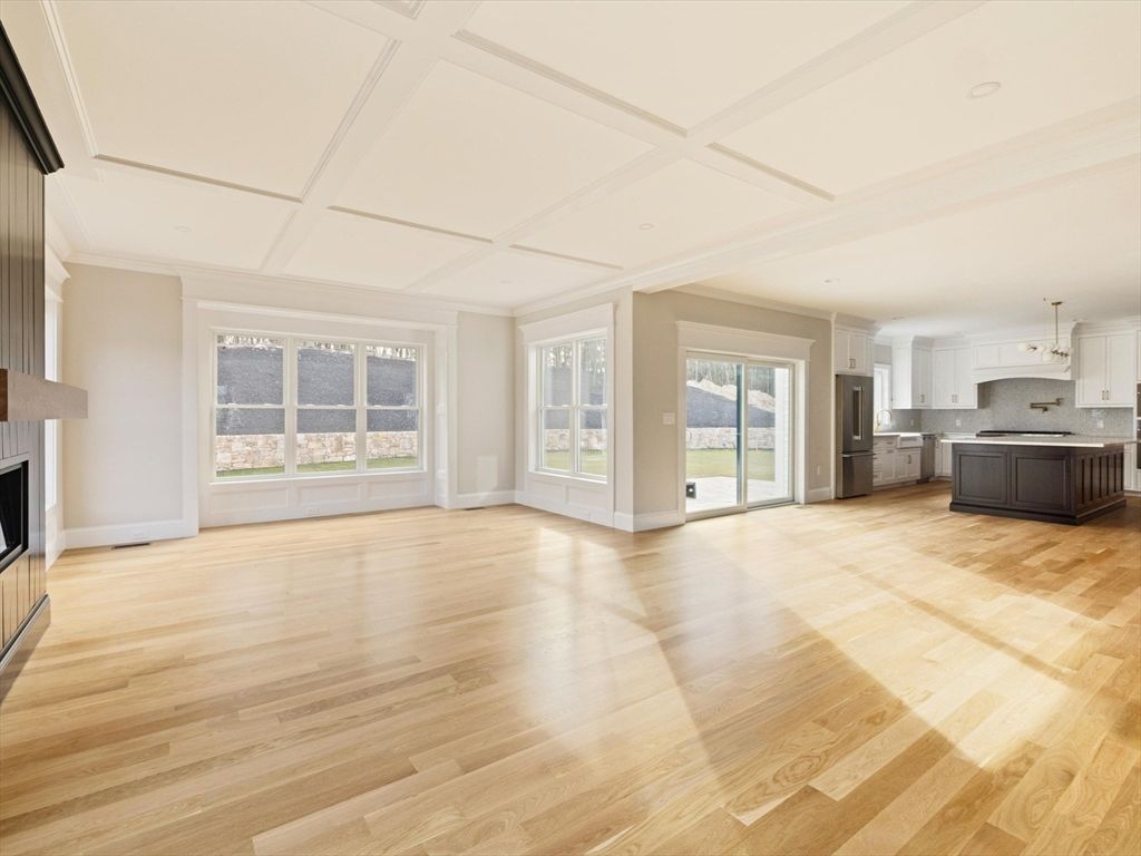 Empty room, Fireplace, Interior, Kitchen, Pendant Lights, Recessed Lighting, Wood Texture Flooring
