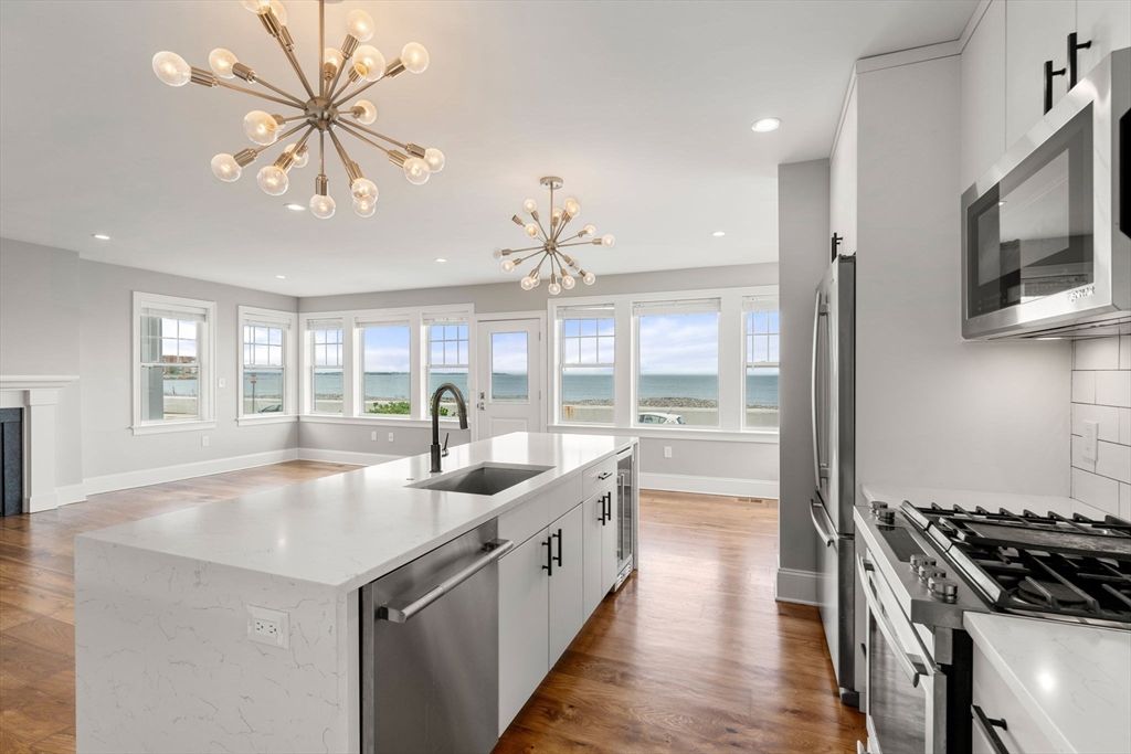 Interior, Kitchen, Pendant Lights, Recessed Lighting, Stainless Steel Appliances, Water, Wood Texture Flooring