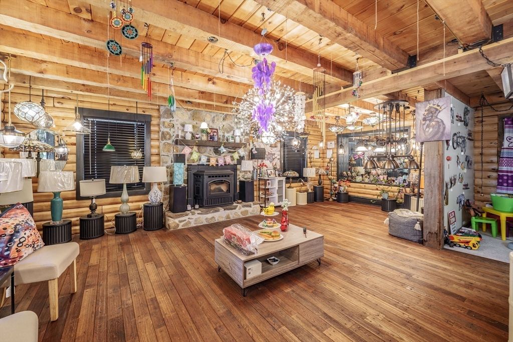 Chandelier, Fireplace, Interior, Living room, Pendant Lights, Wooden Beams, Wooden Ceilings, Wood Texture Flooring