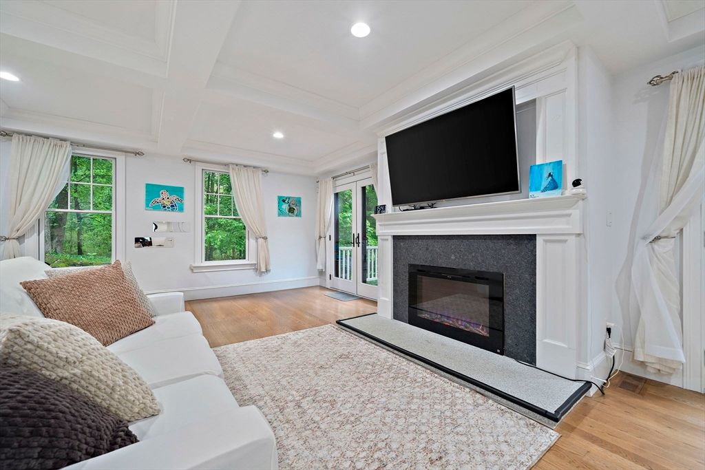 Fireplace, Interior, Living room, Recessed Lighting, Wood Texture Flooring
