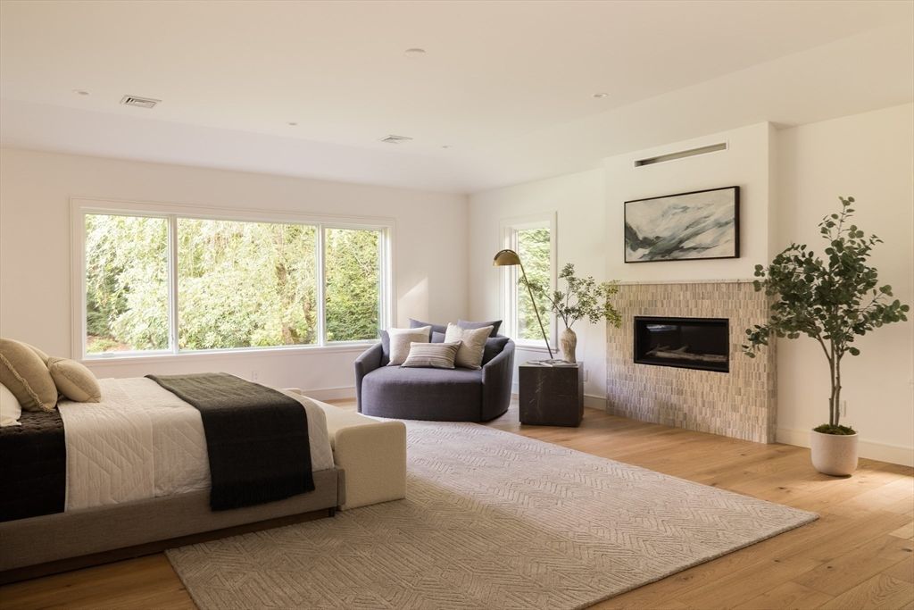 Bedroom, Fireplace, Interior, Recessed Lighting, Wood Texture Flooring