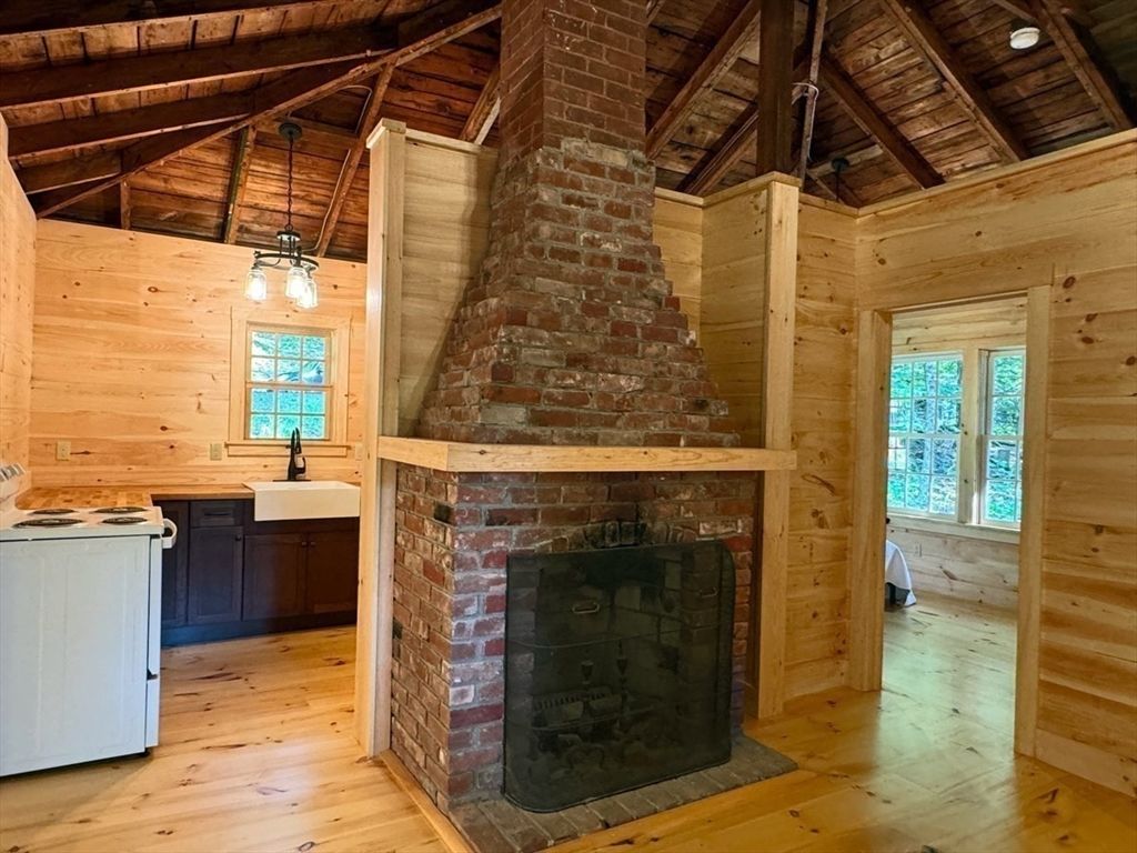 Fireplace, Interior, Pendant Lights, Stone Walls, Wooden Beams, Wooden Ceilings, Wood Texture Flooring, Wooden Walls