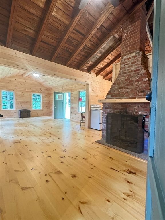 Empty room, Fireplace, Interior, Wooden Beams, Wooden Ceilings, Wood Texture Flooring, Wooden Walls