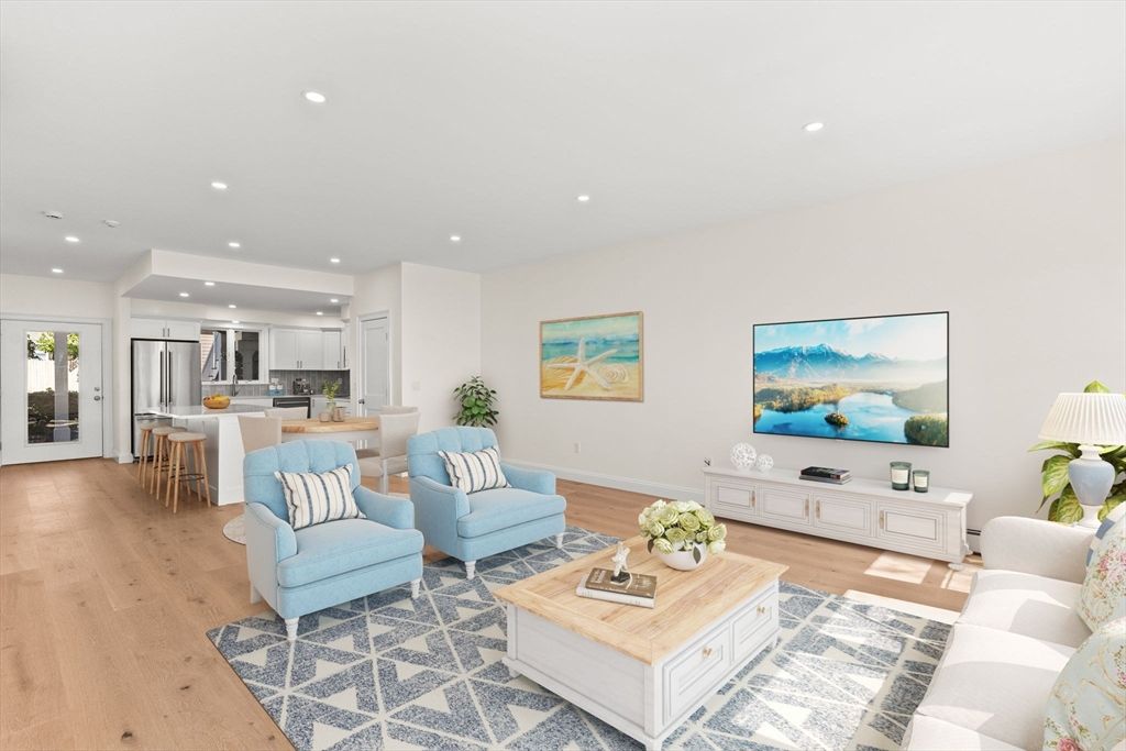 Dining room, Interior, Kitchen, Living room, Recessed Lighting, Stainless Steel Appliances, Wood Texture Flooring