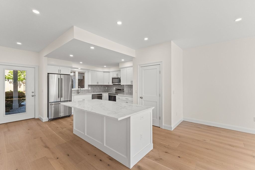Interior, Kitchen, Recessed Lighting, Stainless Steel Appliances, Wood Texture Flooring