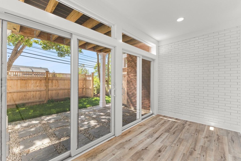 Empty room, Interior, Recessed Lighting, Stone Walls, Wood Texture Flooring