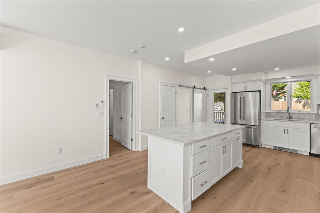 Interior, Kitchen, Recessed Lighting, Stainless Steel Appliances, Wood Texture Flooring