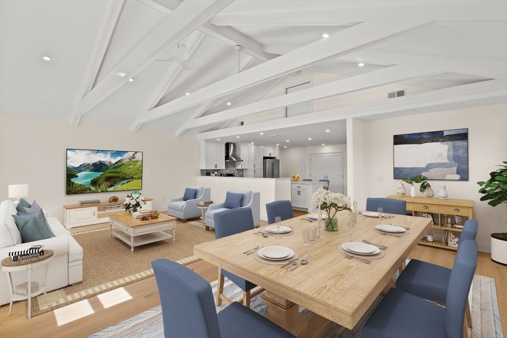 Dining room, Interior, Kitchen, Living room, Recessed Lighting, Stainless Steel Appliances, Wood Texture Flooring