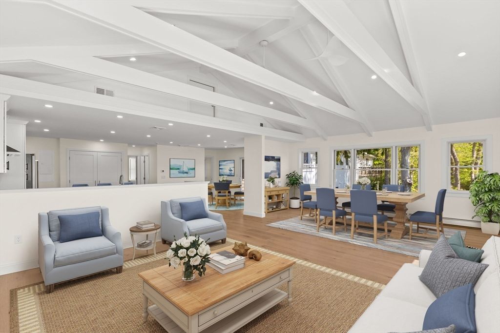 Dining room, Interior, Living room, Recessed Lighting, Wood Texture Flooring