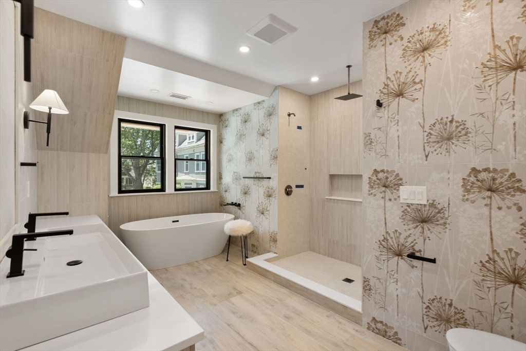 Bathroom, Free Standing Baths, Interior, Recessed Lighting, Wood Texture Flooring