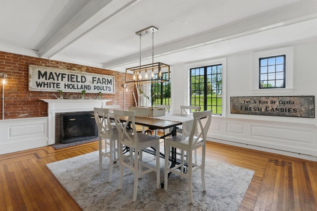Dining room, Fireplace, Interior, Pendant Lights, Stone Walls, Wood Texture Flooring