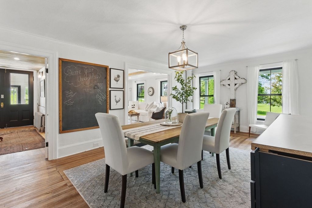 Dining room, Interior, Pendant Lights, Wood Texture Flooring