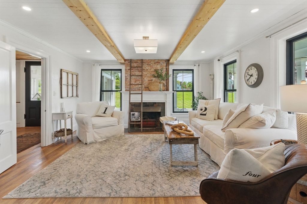 Fireplace, Interior, Living room, Recessed Lighting, Stone Walls, Wooden Beams, Wood Texture Flooring