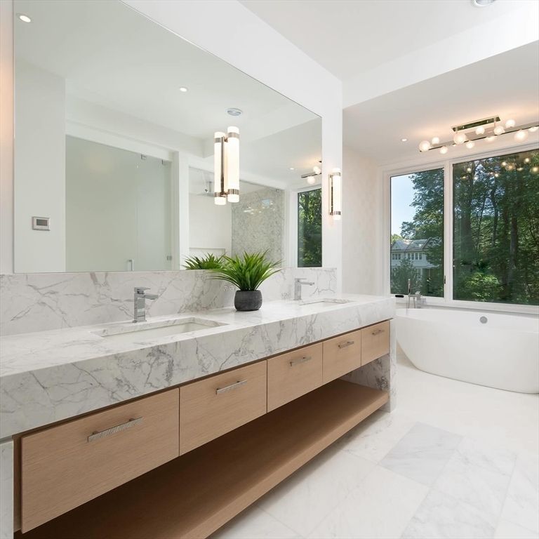 Bathroom, Dual Sink Vanities, Free Standing Baths, Interior, Marble, Marble Walls, Recessed Lighting