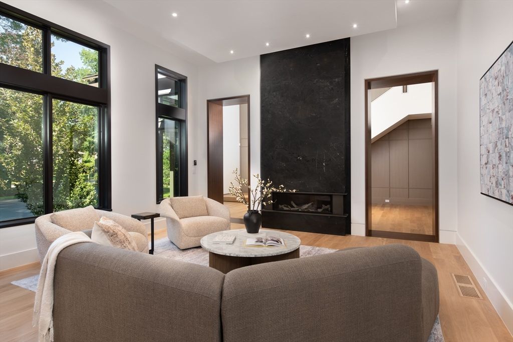 Fireplace, Interior, Living room, Recessed Lighting, Wood Texture Flooring