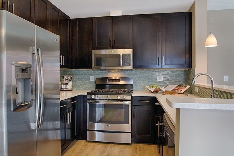 Interior, Kitchen, Pendant Lights, Stainless Steel Appliances, Wood Texture Flooring