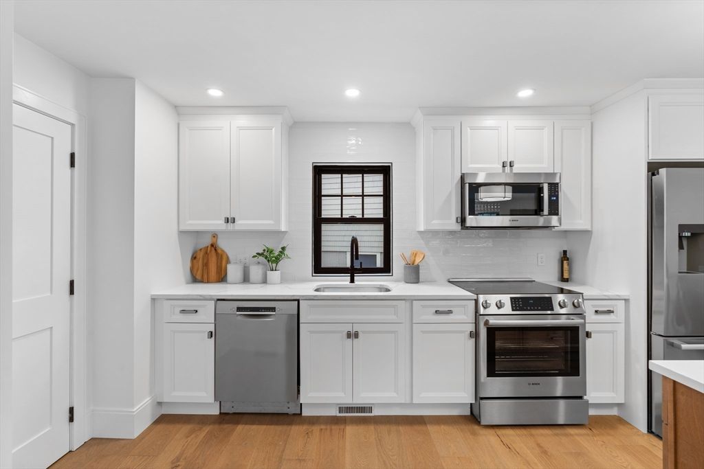 Interior, Kitchen, Recessed Lighting, Stainless Steel Appliances, Wood Texture Flooring