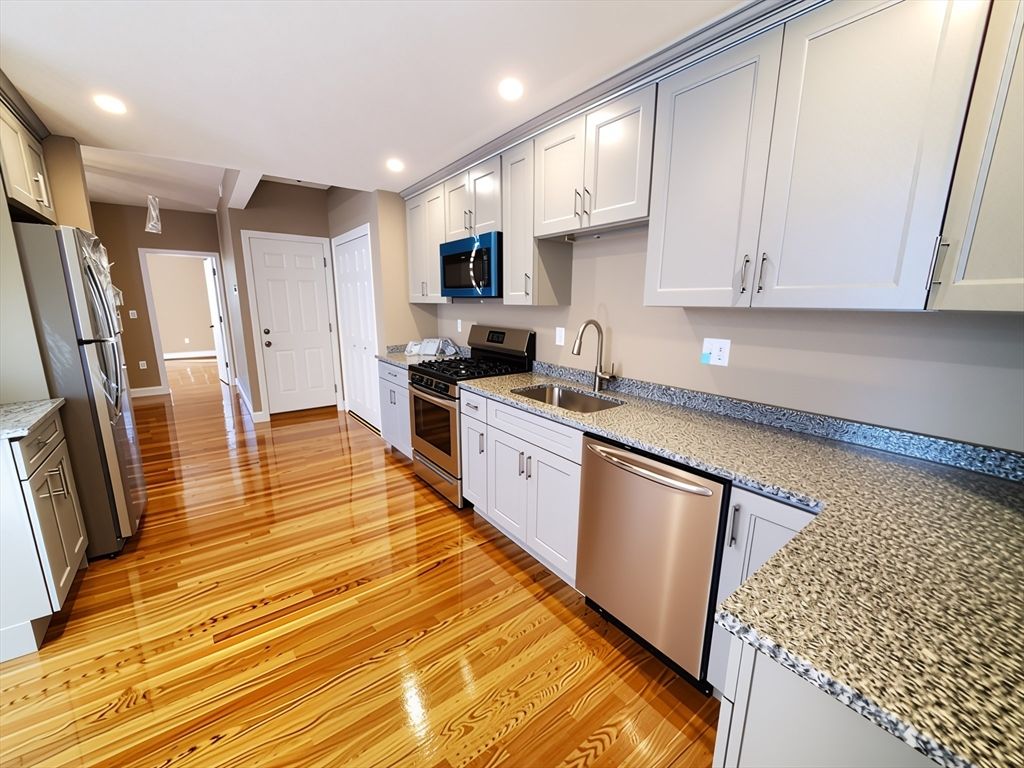 Interior, Kitchen, Recessed Lighting, Stainless Steel Appliances, Wood Texture Flooring