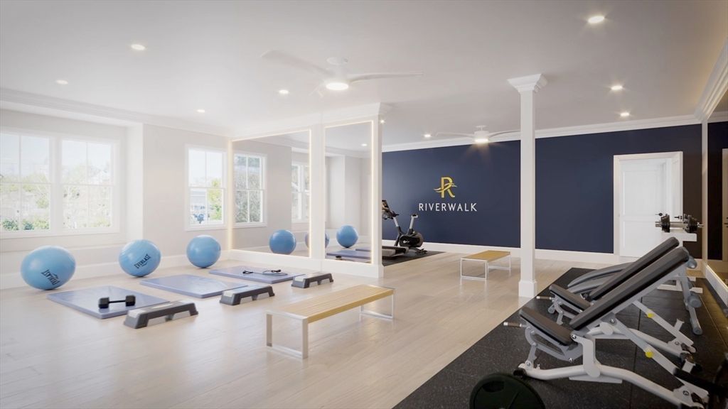 Fitness Equipment, Gym, Interior, Recessed Lighting, Wood Texture Flooring