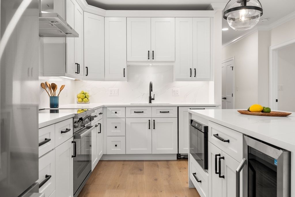 Interior, Kitchen, Pendant Lights, Stainless Steel Appliances, Wood Texture Flooring