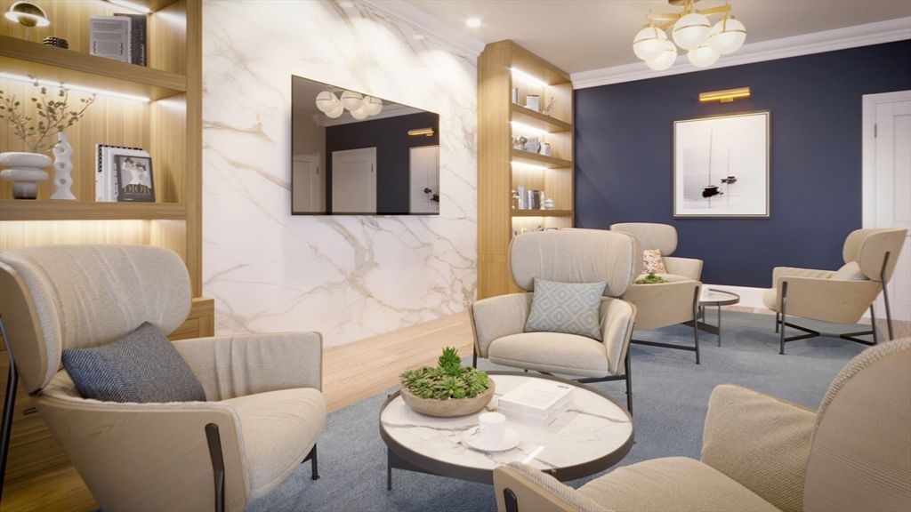 Interior, Living room, Marble Walls, Recessed Lighting, Wood Texture Flooring