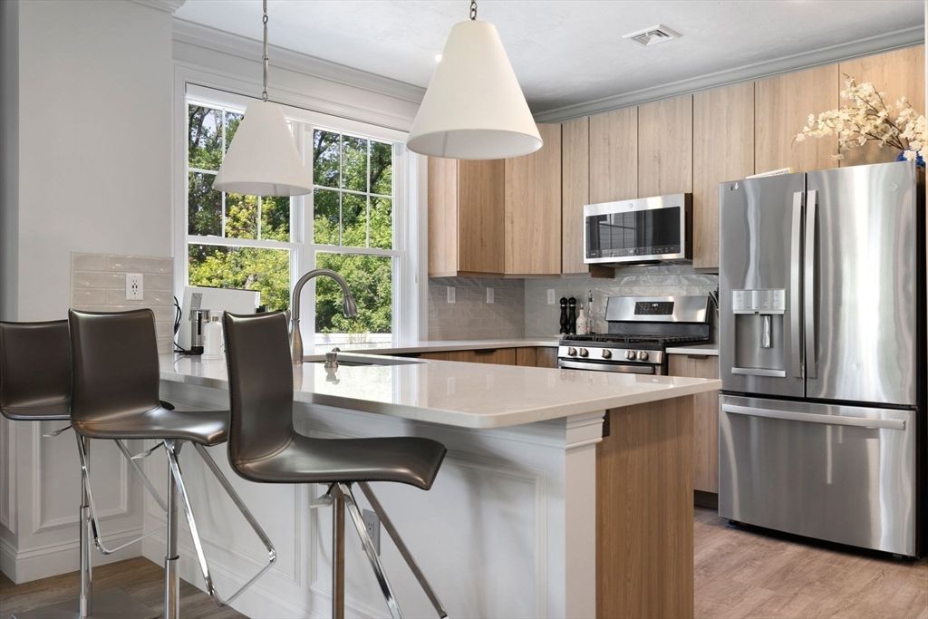 Interior, Kitchen, Pendant Lights, Recessed Lighting, Stainless Steel Appliances, Wood Texture Flooring