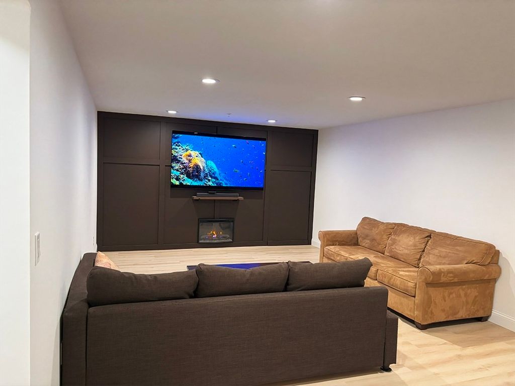 Fireplace, Interior, Living room, Recessed Lighting, Wood Texture Flooring