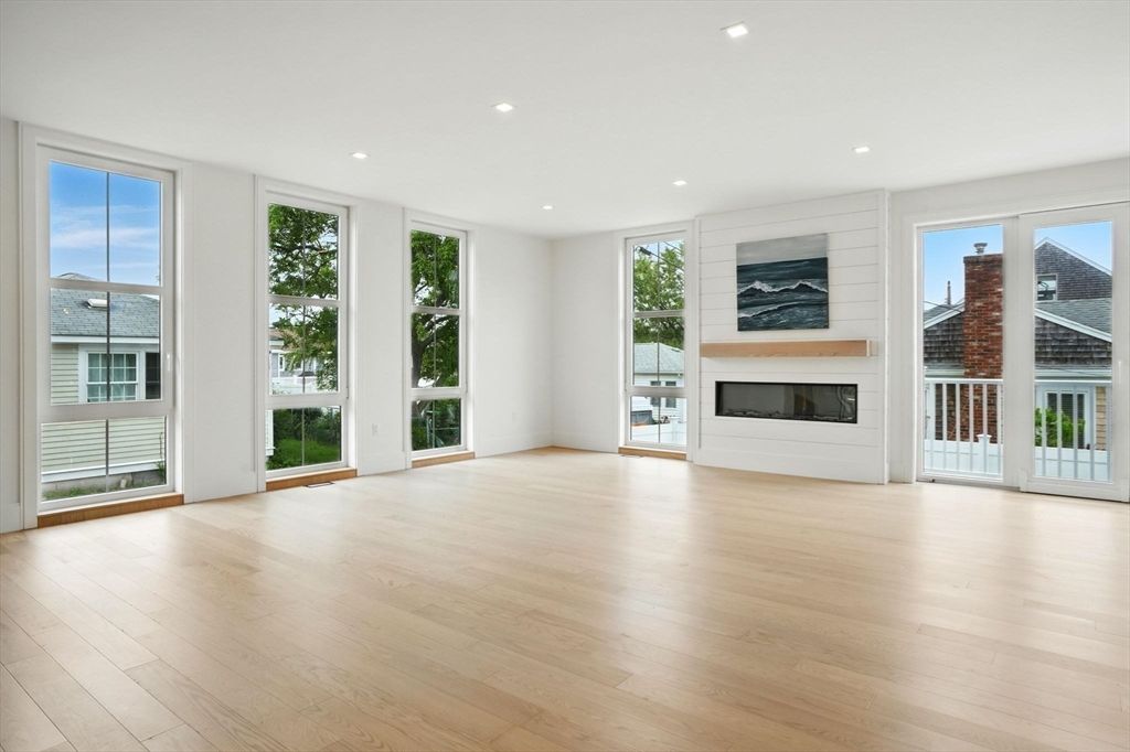 Empty room, Fireplace, Interior, Recessed Lighting, Wood Texture Flooring