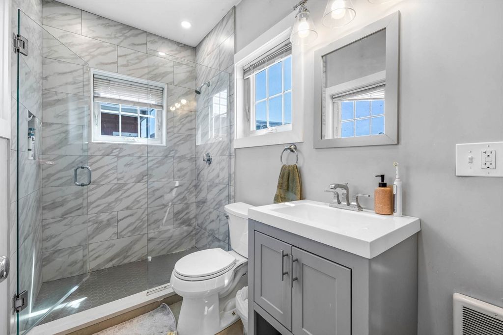 Bathroom, Glass Shower, Interior, Marble Walls, Recessed Lighting