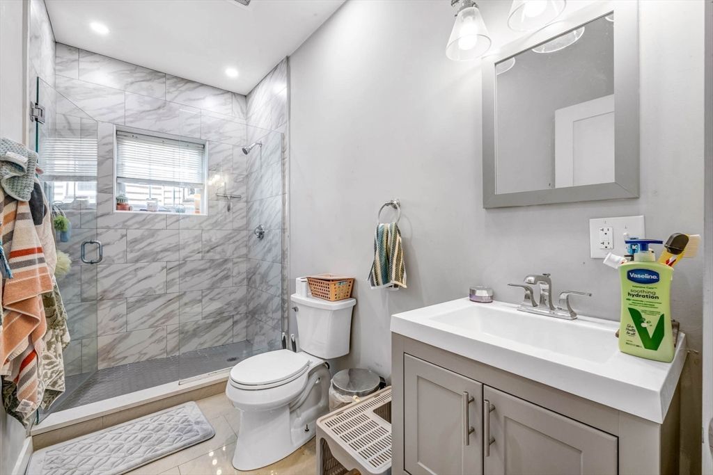 Bathroom, Glass Shower, Interior, Marble Walls, Recessed Lighting