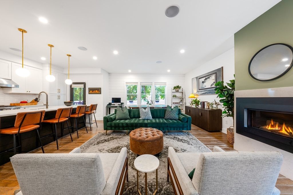 Fireplace, Interior, Kitchen, Living room, Pendant Lights, Recessed Lighting, Wood Texture Flooring