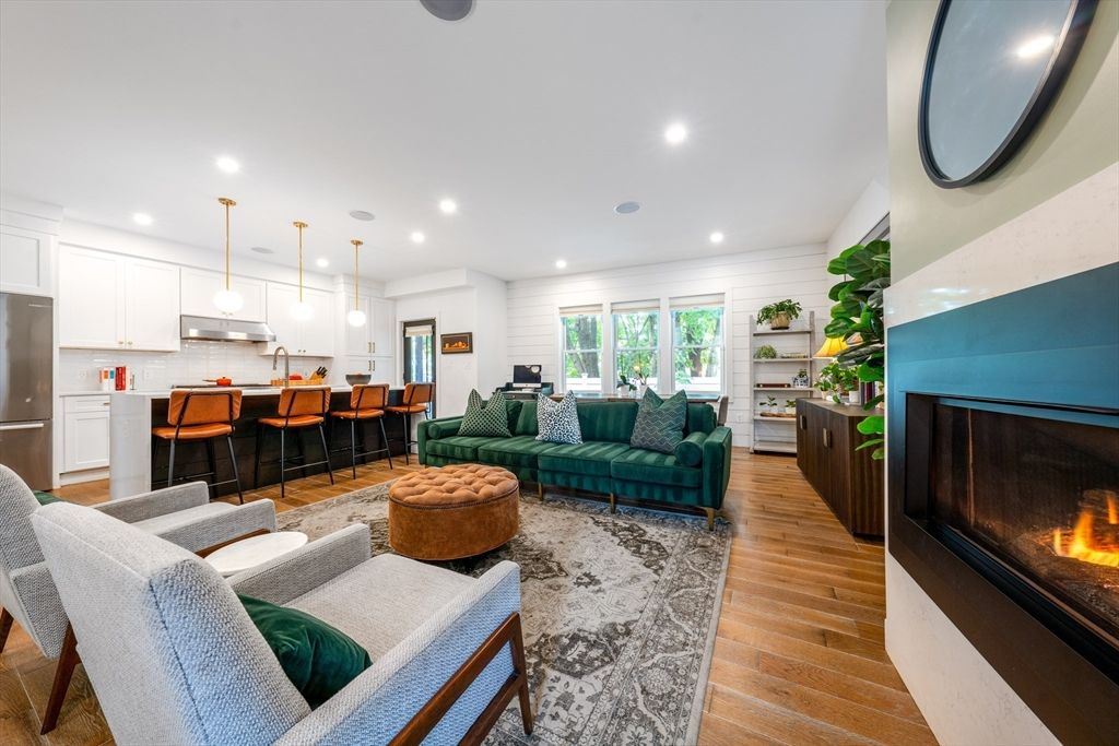 Fireplace, Interior, Kitchen, Living room, Pendant Lights, Recessed Lighting, Wood Texture Flooring