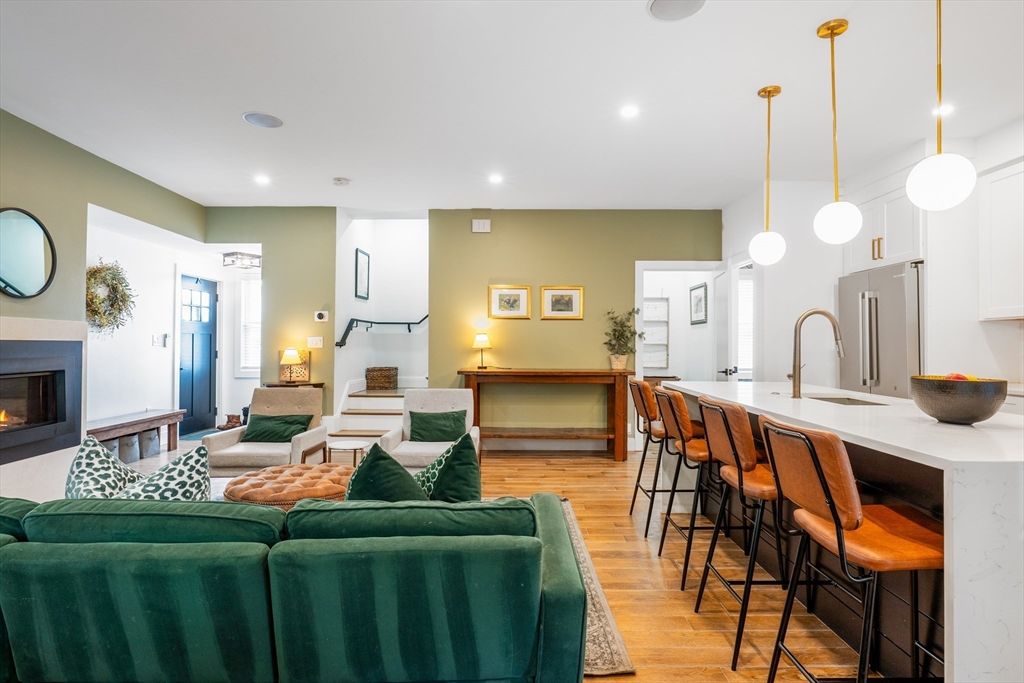 Fireplace, Interior, Kitchen, Living room, Pendant Lights, Recessed Lighting, Wood Texture Flooring
