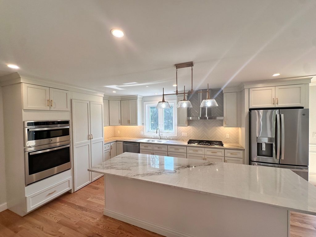 Interior, Kitchen, Pendant Lights, Recessed Lighting, Stainless Steel Appliances, Wood Texture Flooring