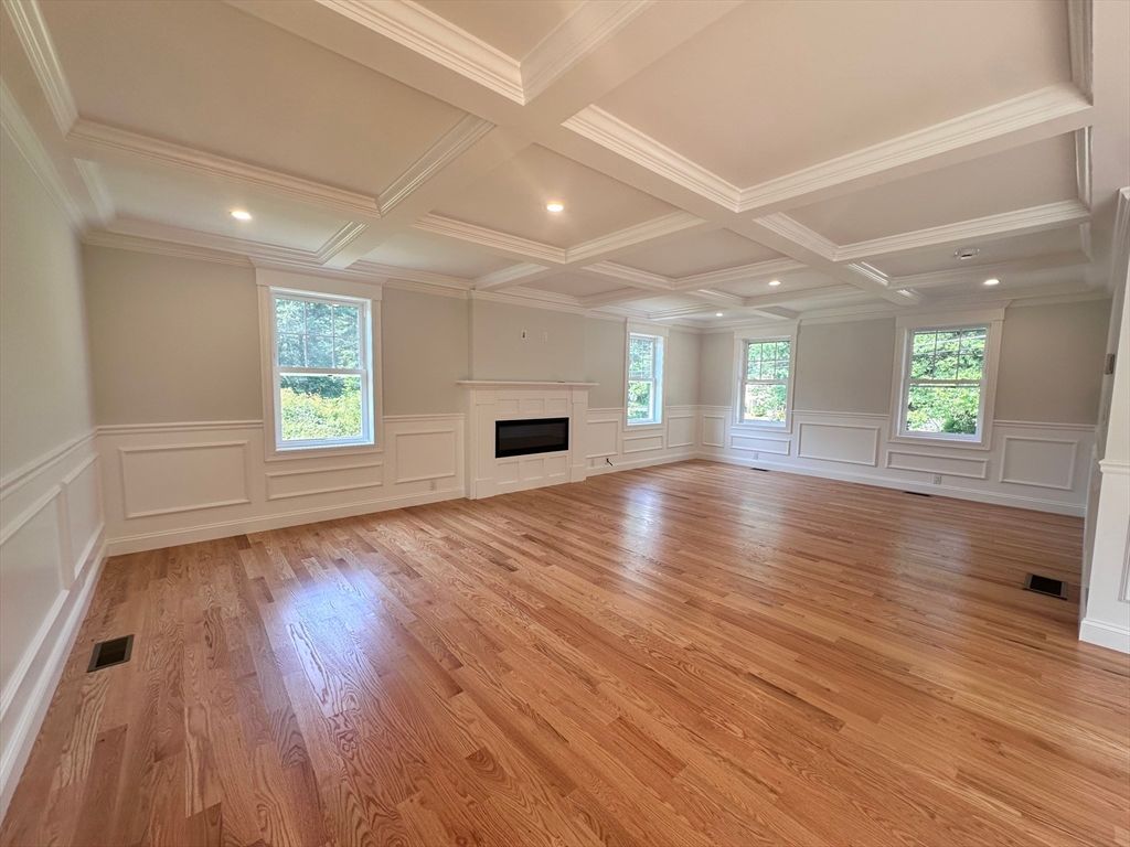 Empty room, Fireplace, Interior, Recessed Lighting, Wood Texture Flooring