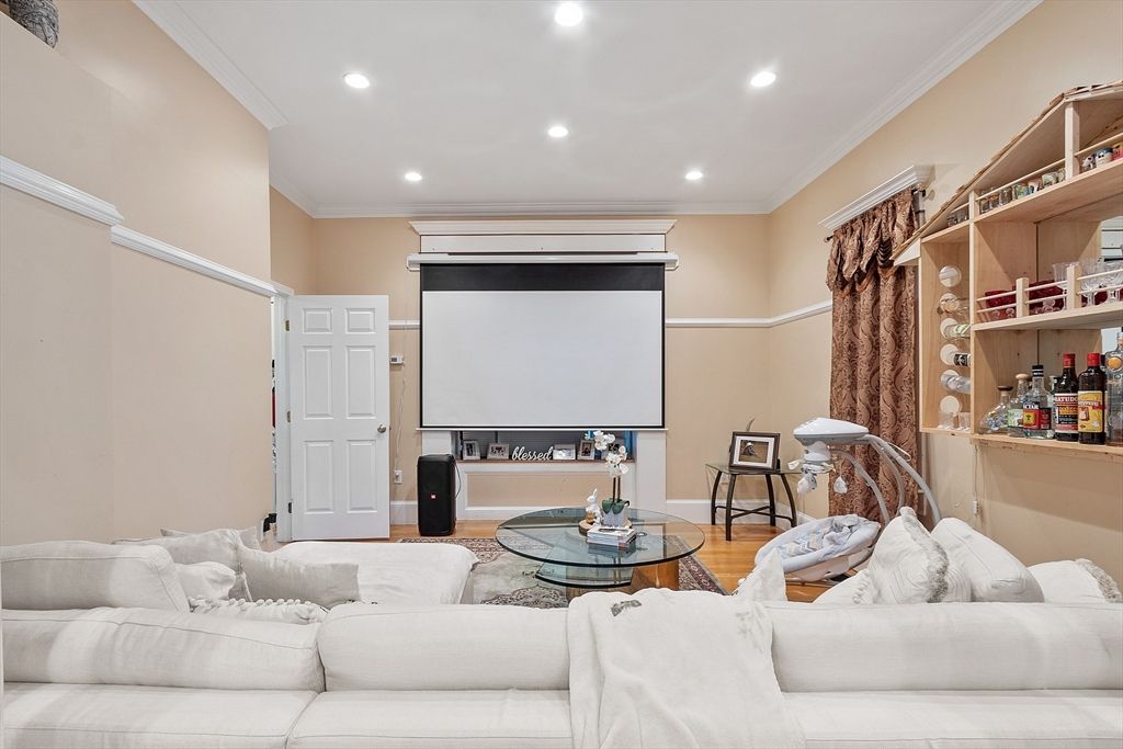Interior, Living room, Projection Screen, Recessed Lighting, Wood Texture Flooring