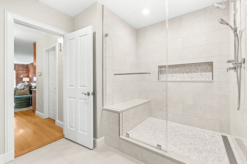 Bathroom, Glass Shower, Interior, Recessed Lighting, Wood Texture Flooring