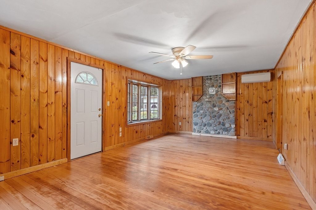 Empty room, Fireplace, Interior, Stone Walls, Wood Texture Flooring, Wooden Walls