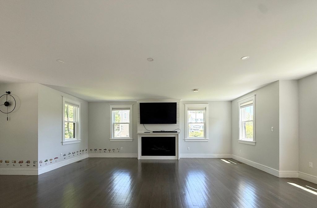 Empty room, Fireplace, Interior, Recessed Lighting, Wood Texture Flooring