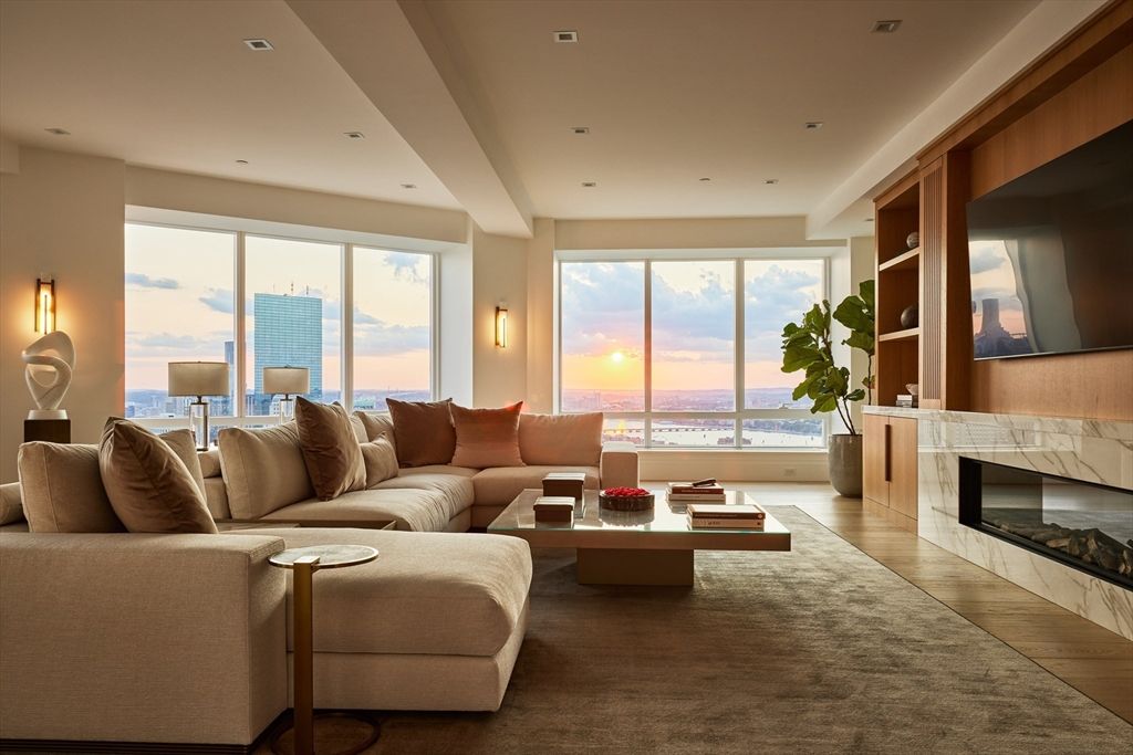 Fireplace, Interior, Living room, Recessed Lighting, Water, Wood Texture Flooring