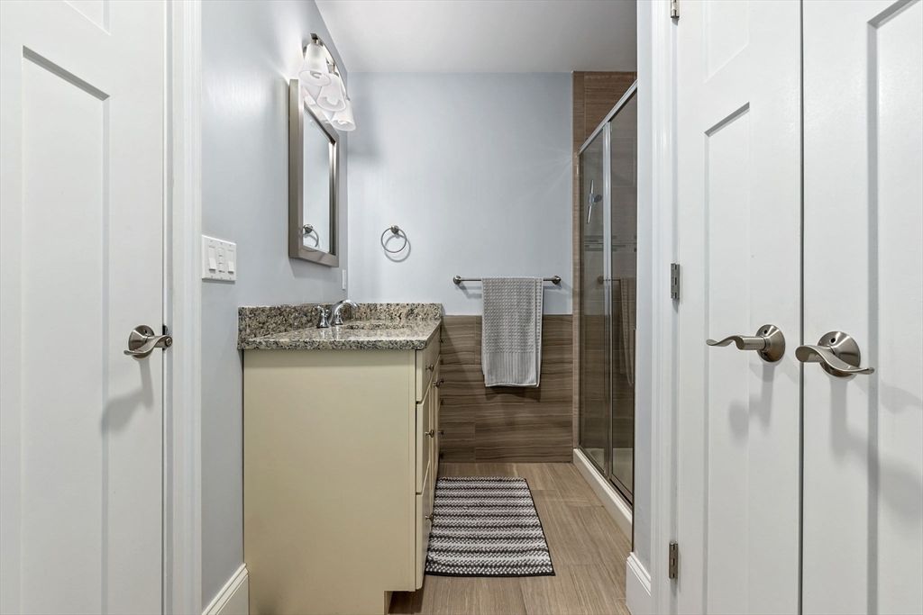 Bathroom, Glass Shower, Interior, Wood Texture Flooring