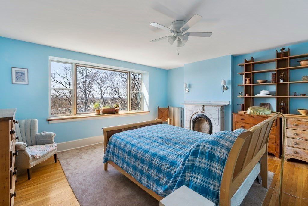 Bedroom, Fireplace, Interior, Wood Texture Flooring