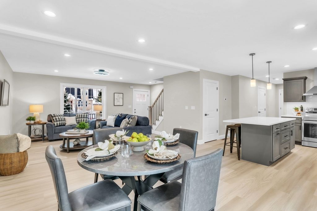 Dining room, Interior, Kitchen, Living room, Pendant Lights, Recessed Lighting, Stainless Steel Appliances, Wood Texture Flooring