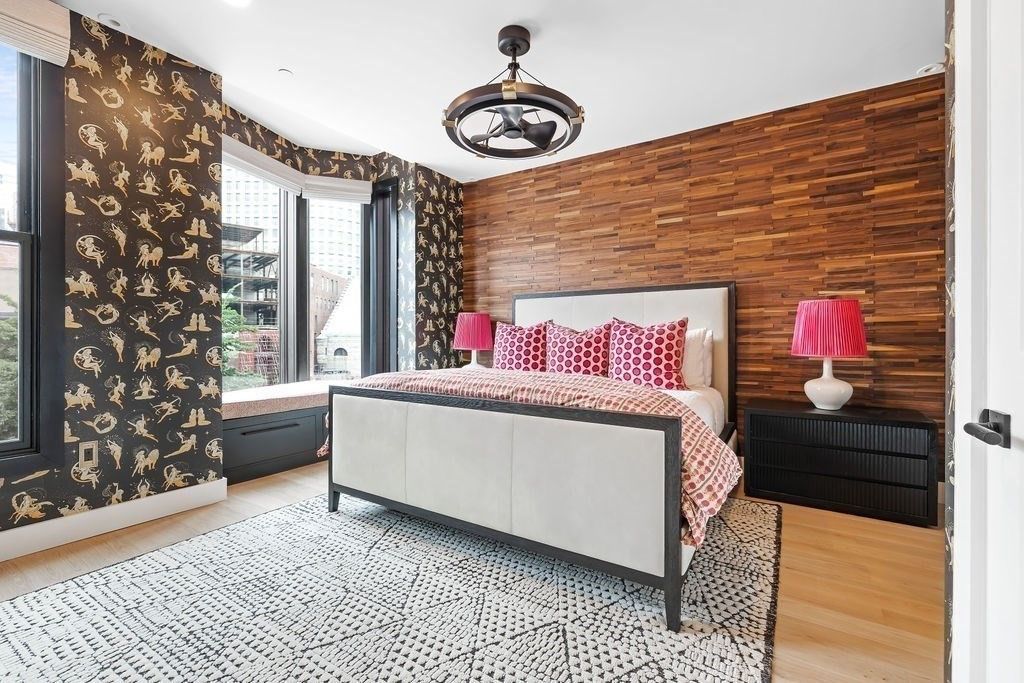 Bedroom, Interior, Pendant Lights, Recessed Lighting, Wood Texture Flooring, Wooden Walls