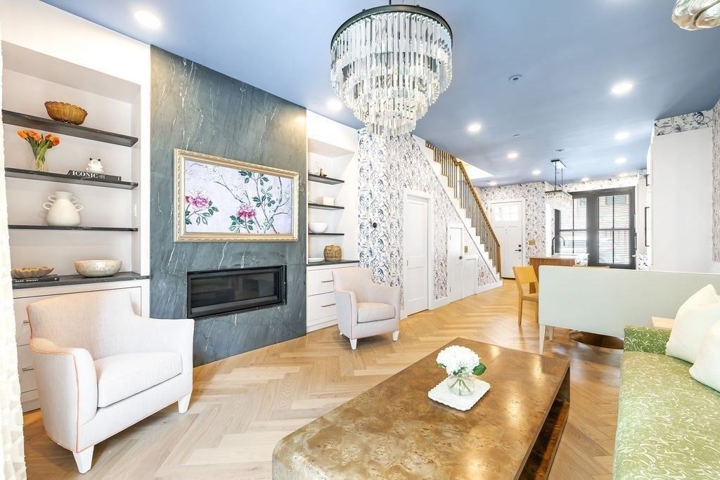 Chandelier, Fireplace, Interior, Recessed Lighting, Wood Texture Flooring