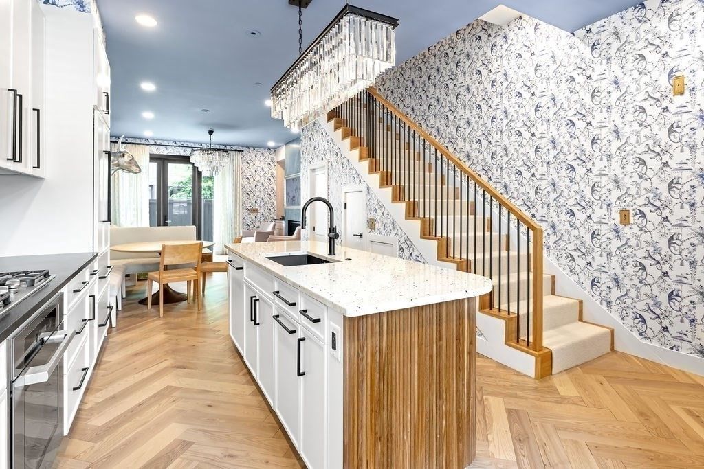Chandelier, Dining room, Interior, Kitchen, Recessed Lighting, Stainless Steel Appliances, Wood Texture Flooring