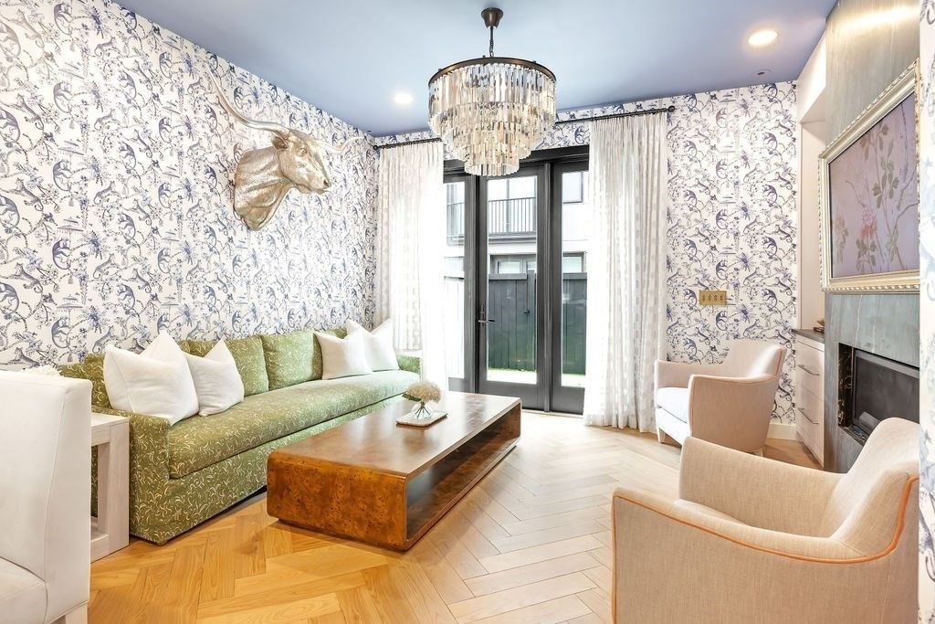 Chandelier, Fireplace, Interior, Living room, Recessed Lighting, Wood Texture Flooring