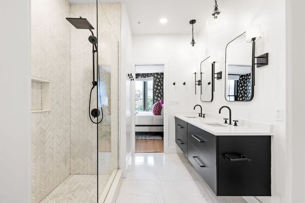 Bathroom, Dual Sink Vanities, Glass Shower, Interior, Marble, Pendant Lights, Recessed Lighting
