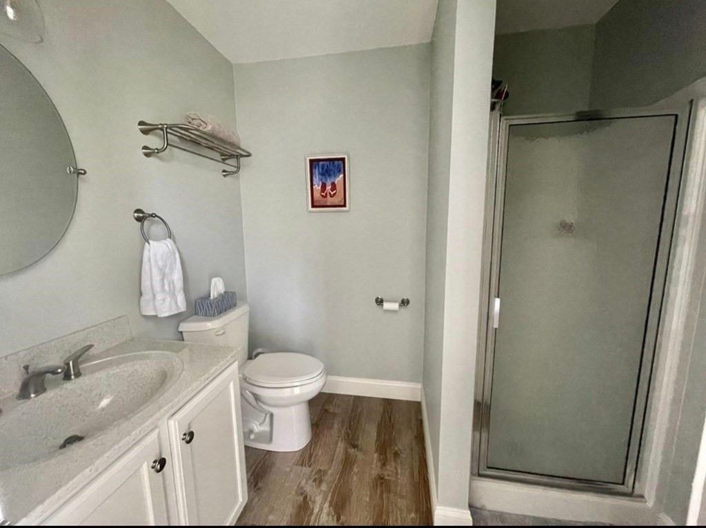 Bathroom, Glass Shower, Interior, Wood Texture Flooring