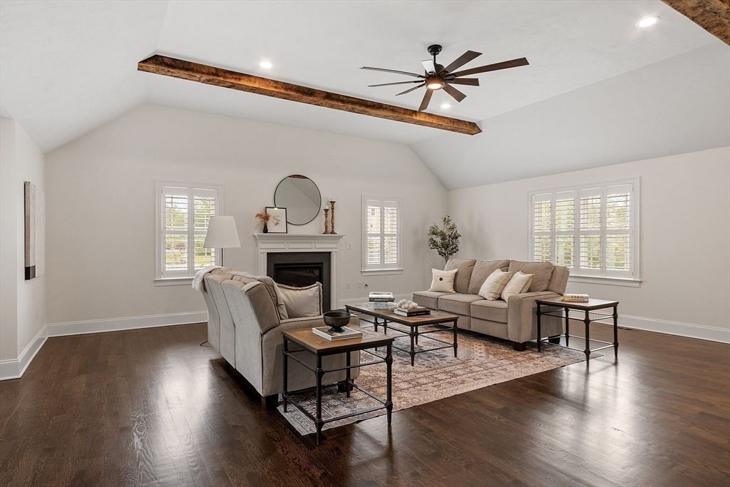 Fireplace, Interior, Living room, Recessed Lighting, Wooden Beams, Wood Texture Flooring